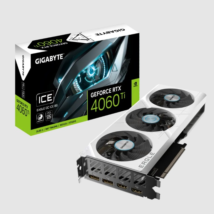  nVIDIA GeForce RTX4060Ti EAGLE OC ICE 8GB GDDR6<br>Clock: 2550 MHz, 2x HDMI/ 2x DP, Max Resolution: 7680 x 4320, 1x 8-Pin Connector, Recommended: 500W  